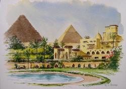 Watercolor Painting of the Pyramids of Giza, Egypt