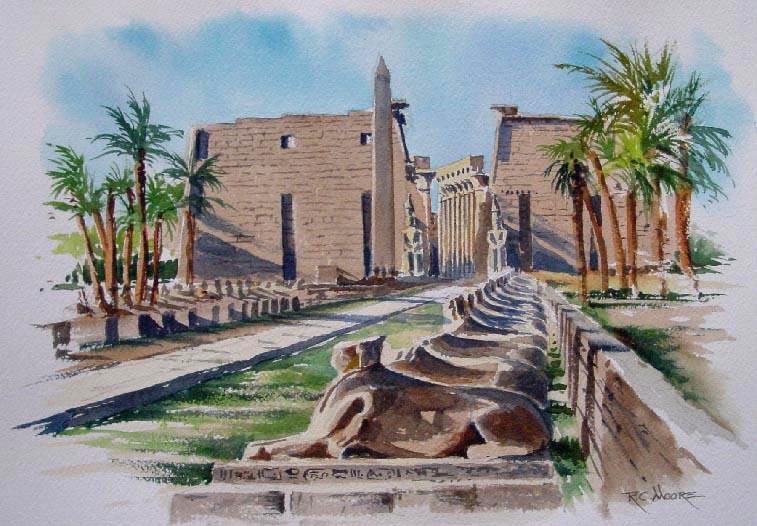 Watercolor Painting of Temple of Luxor Row of Sphinxes, Egypt