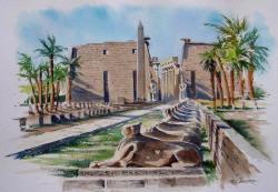 Watercolor Painting of Temple of Luxor Row of Sphinxes, Egypt