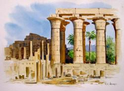 Watercolor Painting of Temple of Luxor at Sunset, Egypt
