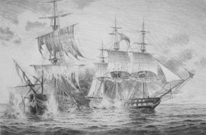 Pencil Sketch of the USS Constitution and the HMS Guerriere in Battle