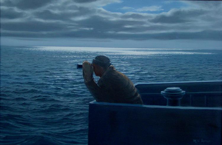 Port Lookout on a Navy Destroyer - Oil Painting by Richard Moore
