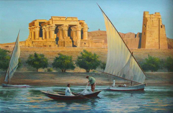 Oil Painting of the Nile at Kom Ombo