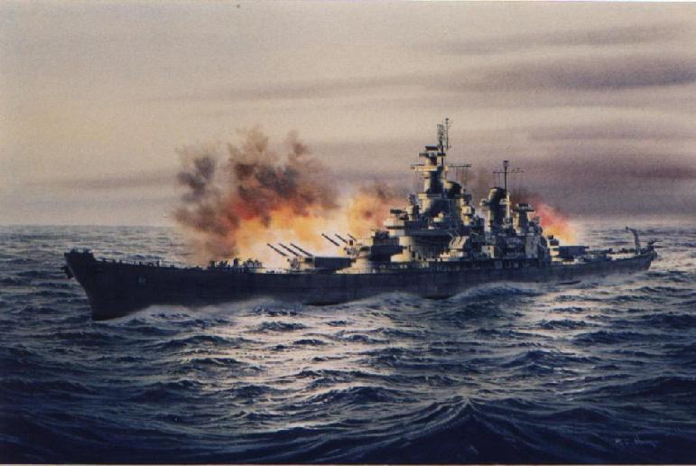 USS New Jersey Firing Big Guns - Watercolor by Richard Moore