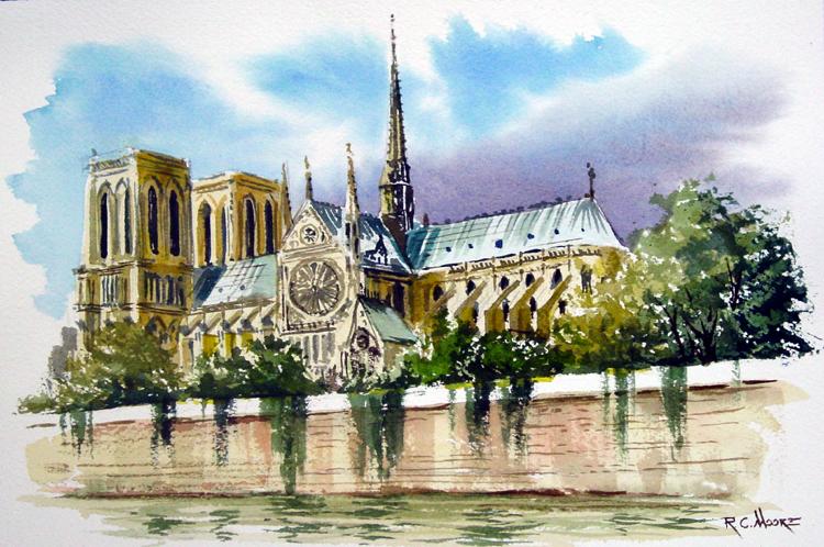 Watercolor Painting of Notre Dame, Paris France